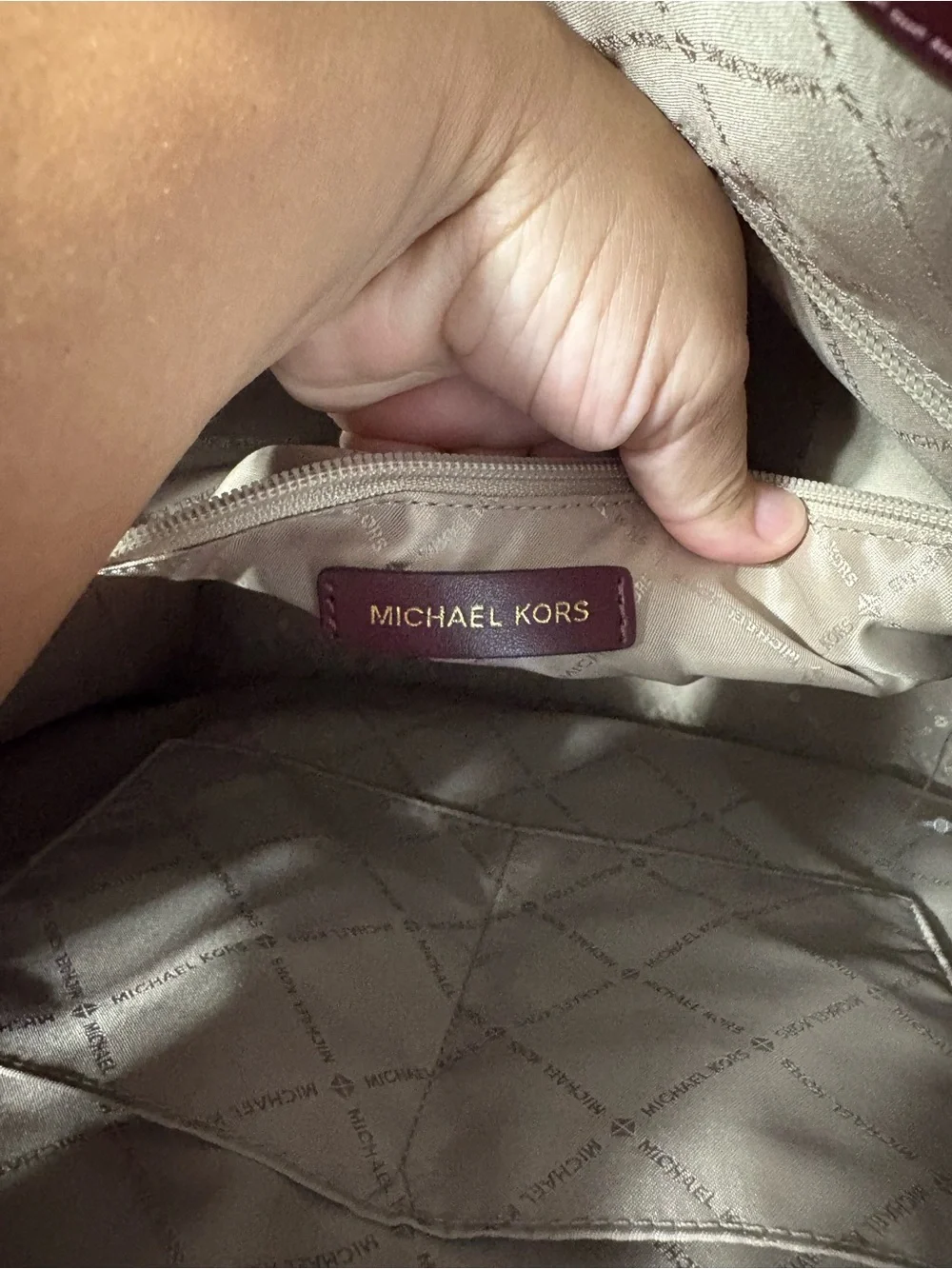 Michael Kors Brown MK Logo Tote with Burgundy Leather Trim